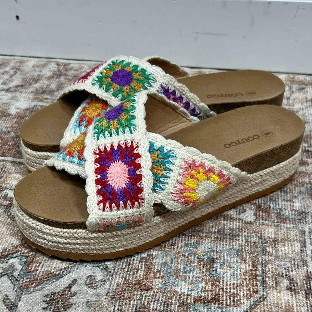 Coutgo Platform Espadrille Sandals Women 8 Floral Crochet Cork Platform Open Toe - Picture 2 of 6